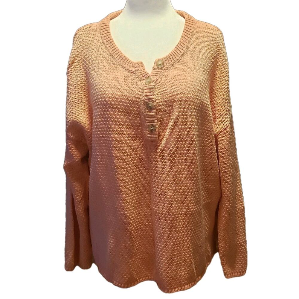 Sonoma Womens XL Sweater Henley Coral‎ Long Sleeve Boho Relaxed Lagenlook